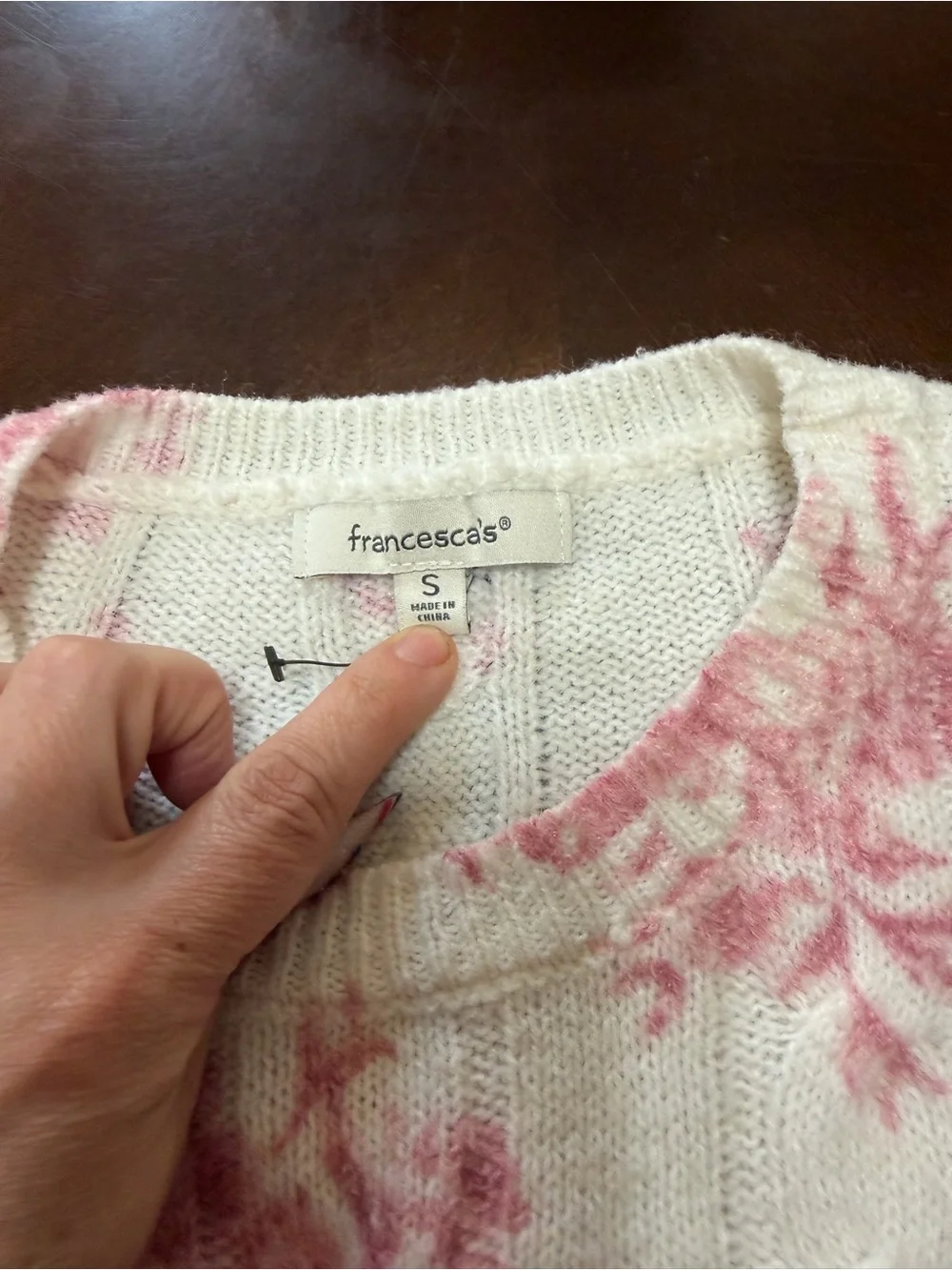 Francesca's Collections Cream Sweater with Pink Floral Cable Knit